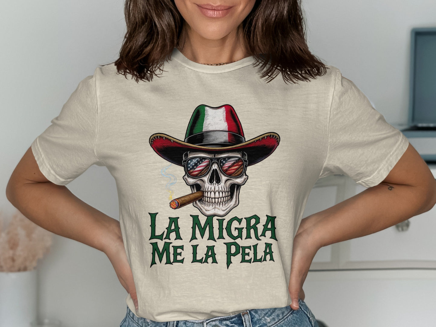La Migra Me La Pela Skull Graphic Tee Shirt product type