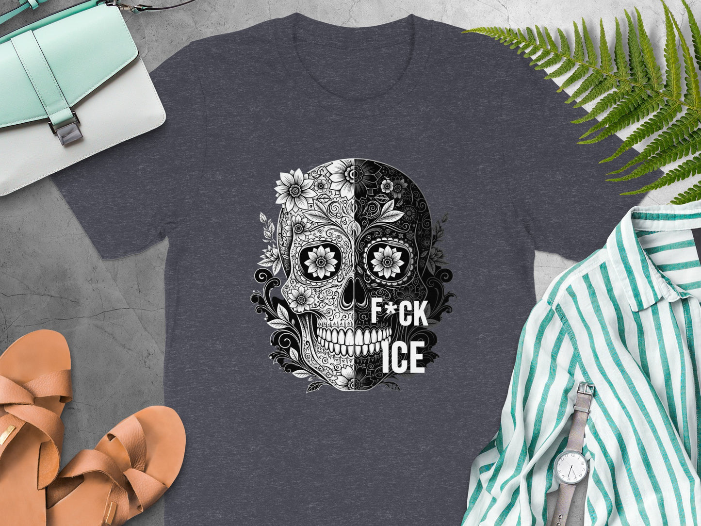 Floral Skull Design Distressed Grey Graphic T-Shirt product
