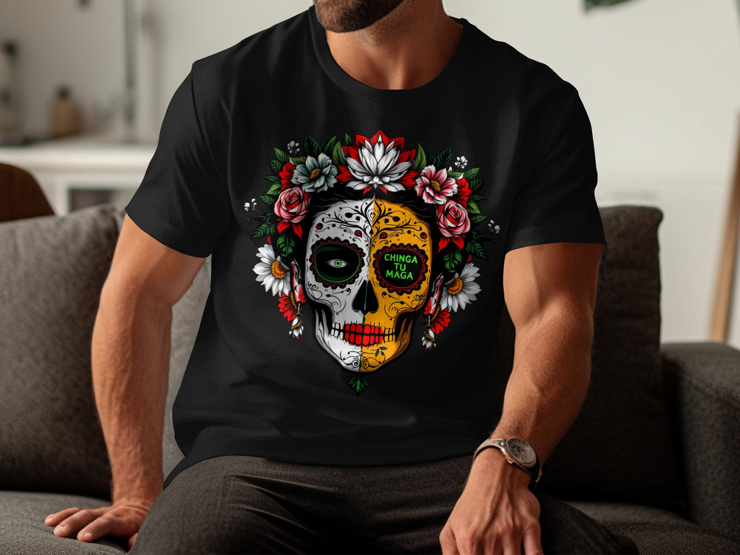 Day of the Dead Festive Skull Design on T-shirt product type