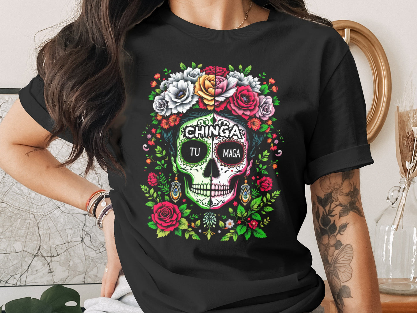 Chinga Tu Maga Floral Skull Short Sleeve Black T-Shirt Product