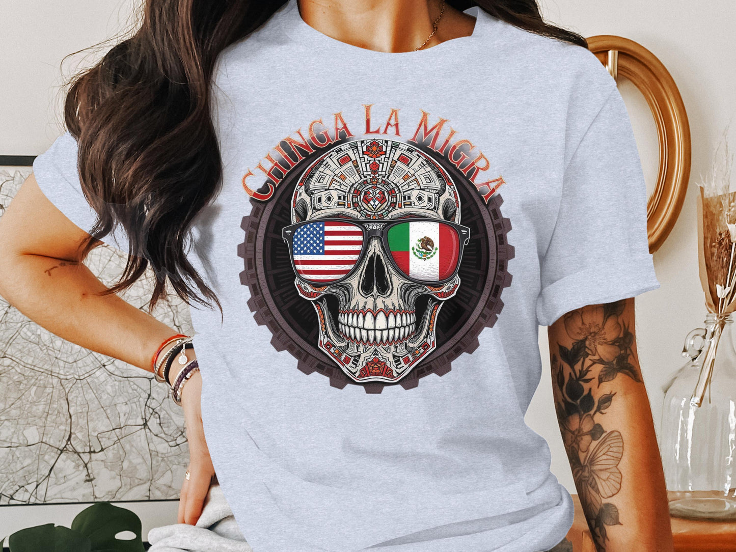 Chinga La Migra Skull With Flags Graphic T-Shirt product