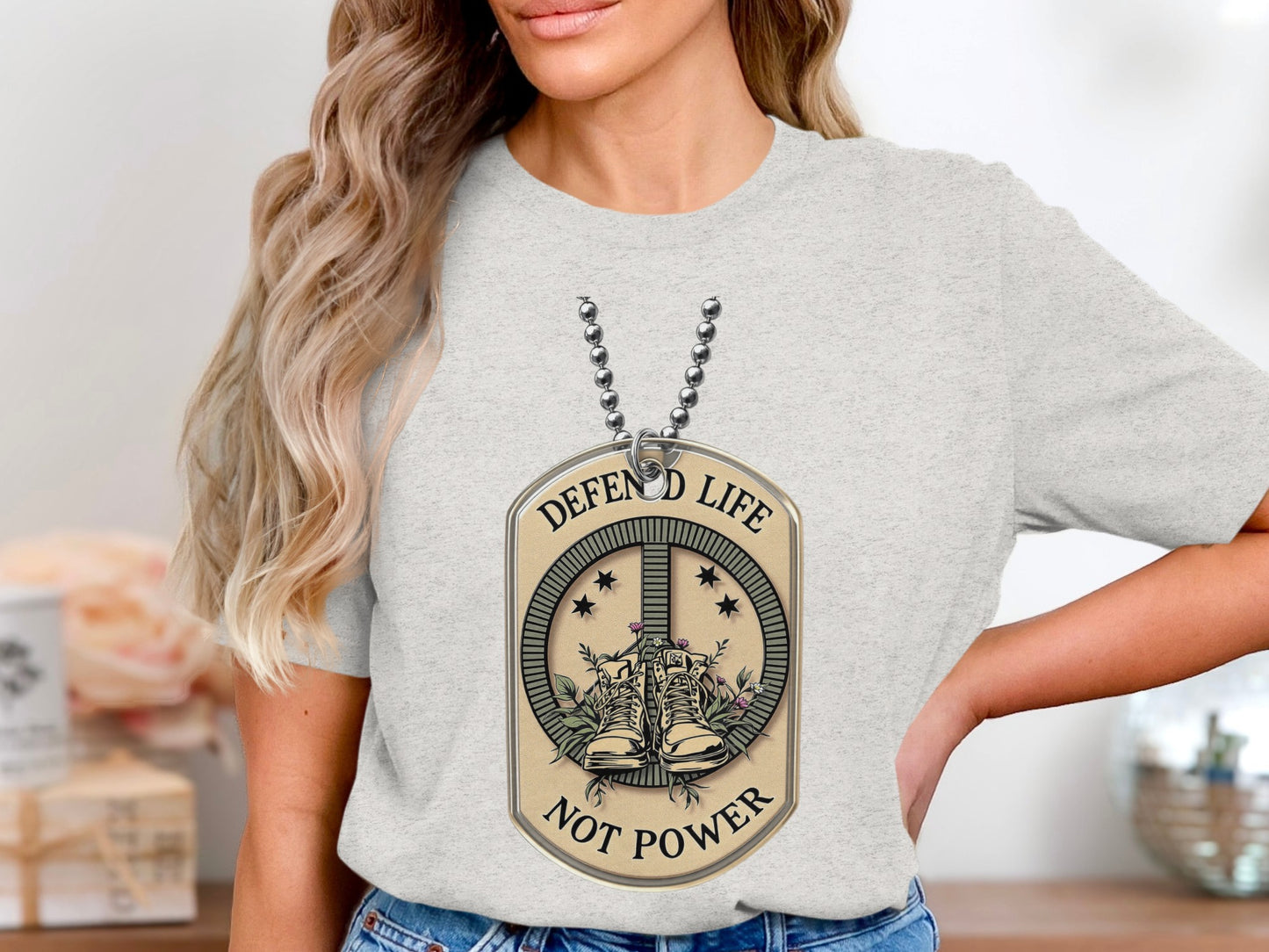 Defend Life Not Power T-Shirt with Dog Tags Design