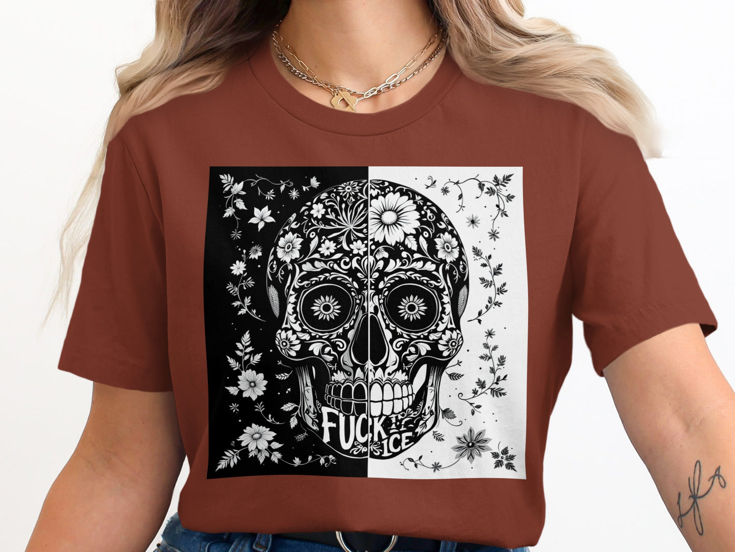 Black and White Floral Skull Design T-Shirt product type