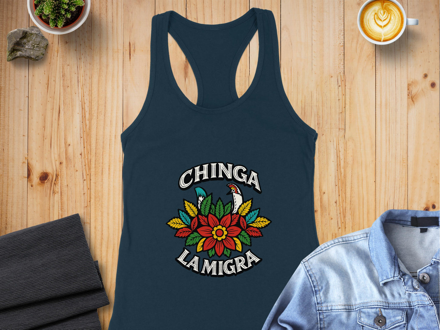 Chinga La Migra Tank Top with Bold Floral Design product type