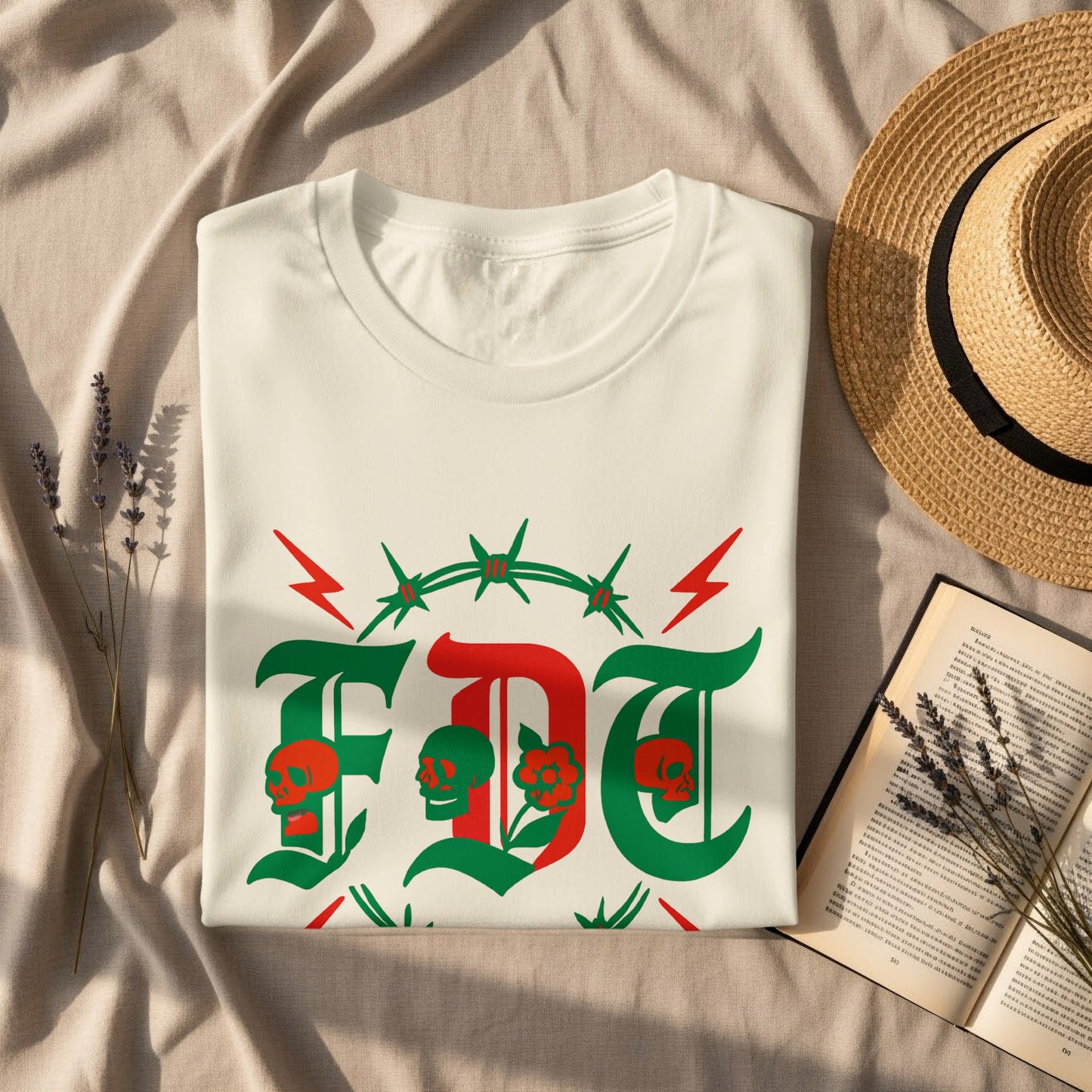 Skull Barbed Wire Floral Design Graphic T-Shirt product