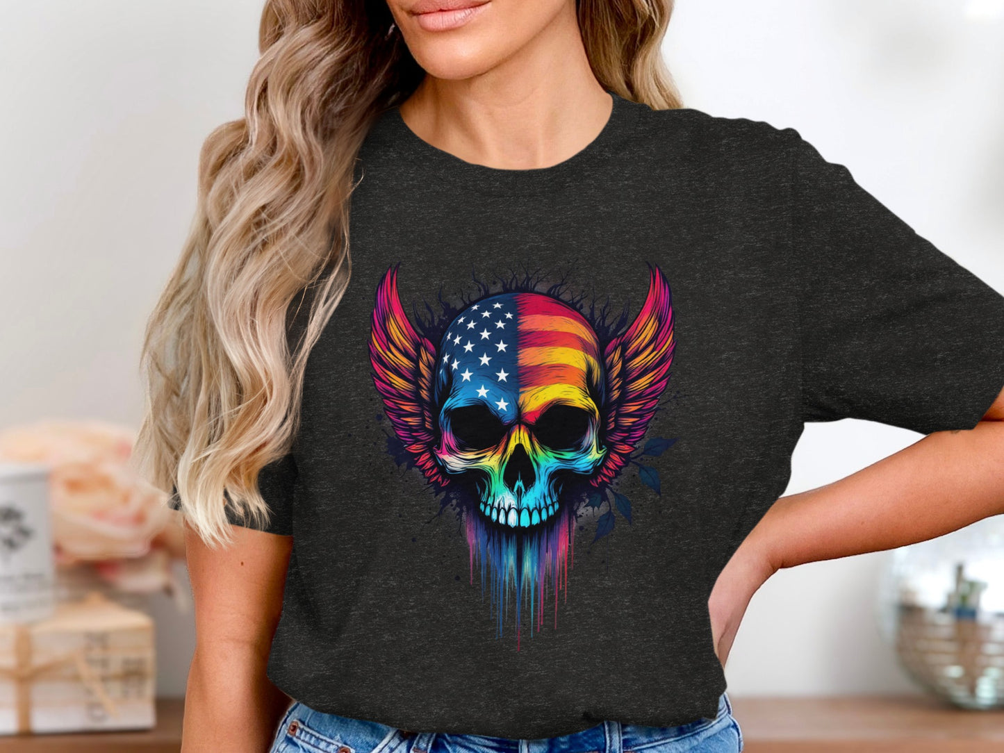 Vibrant Skull With Wings American Flag Print Shirt product