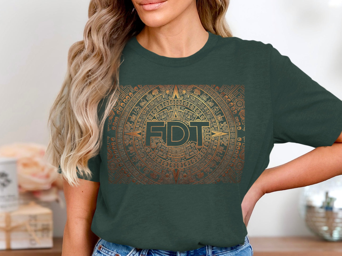 Ancient Aztec Design Green Graphic Tee Shirt product