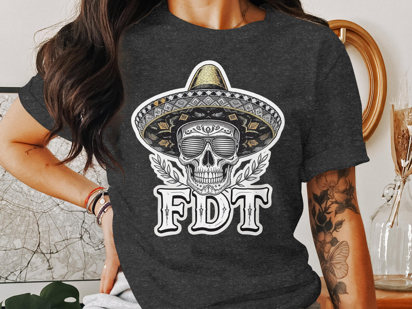 FDT Skull with Sombrero Graphic Hand-Drawn T-Shirt product type