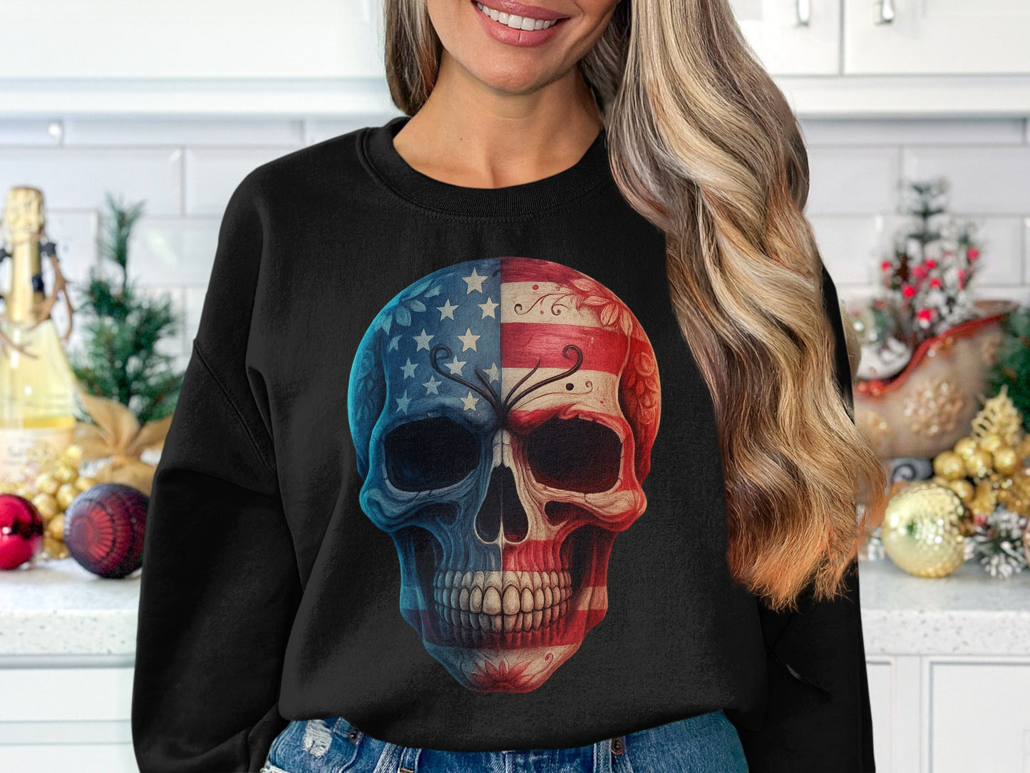 Patriotic Skull Graphic Sweatshirt Trendy Fashion product