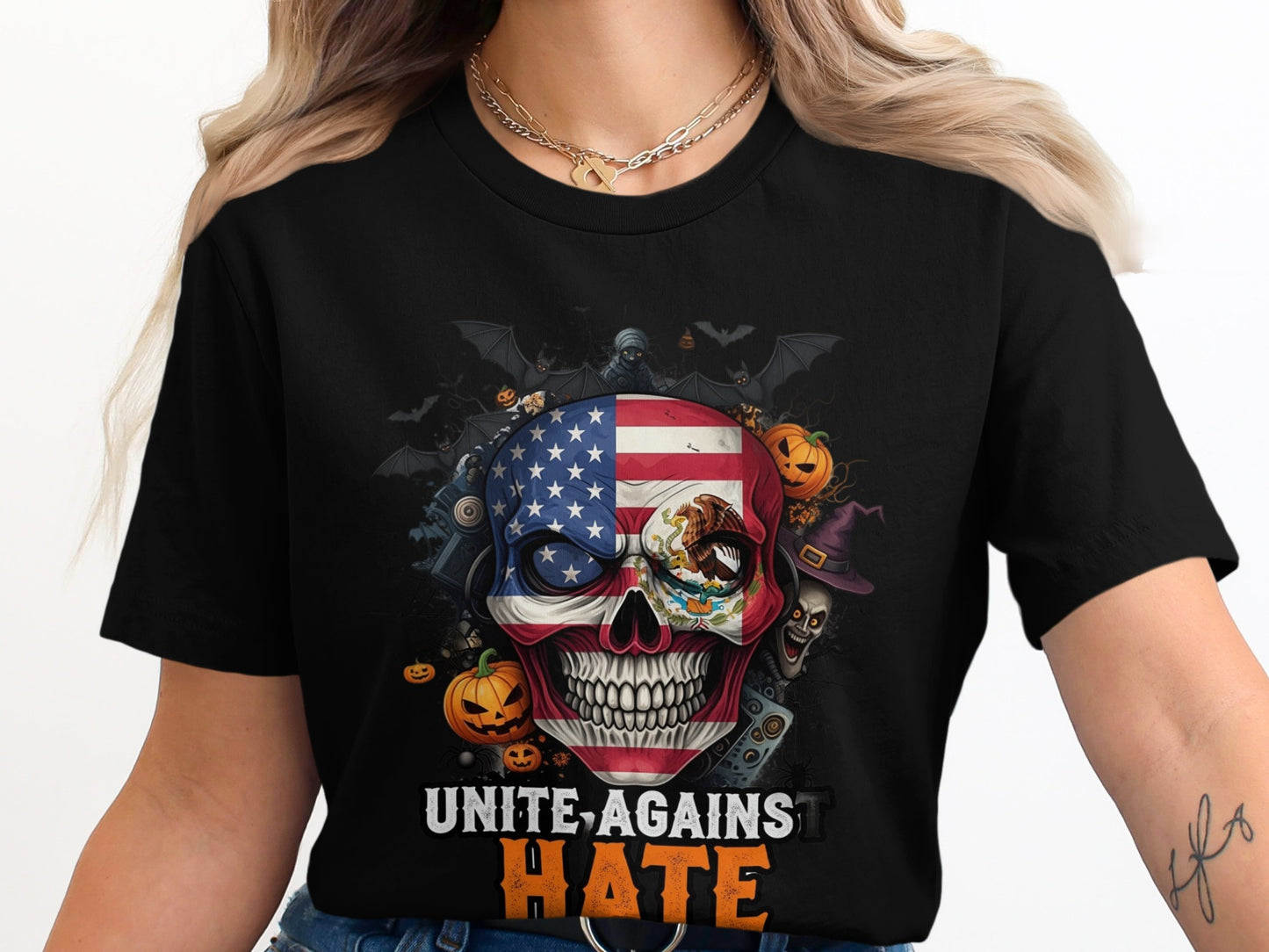 Unite Against Hate Graphic Skull Halloween Tshirt