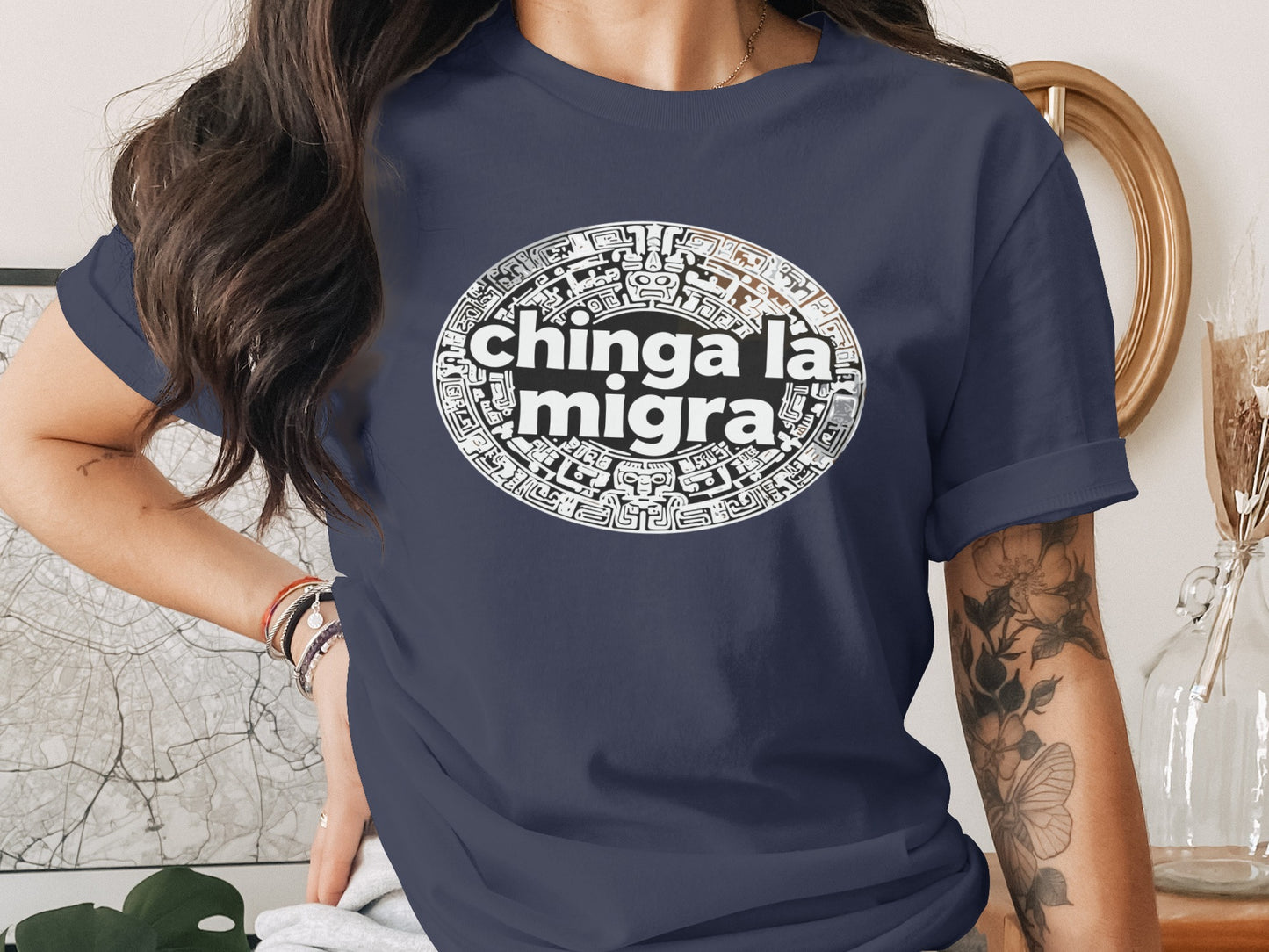 Chinga La Migra Graphic on a Navy Blue Shirt product