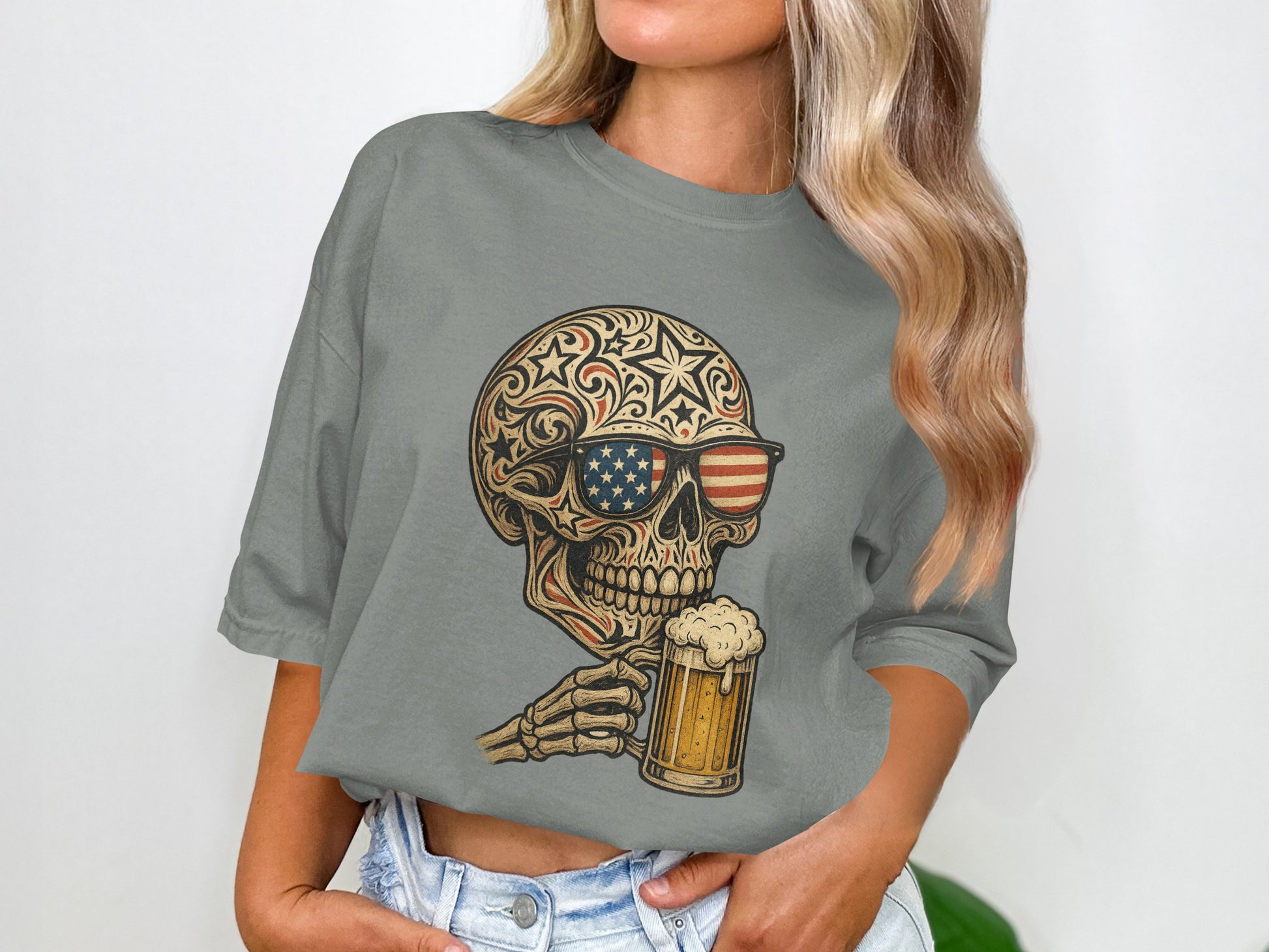 American Flag Skull Holding Beer T-shirt product