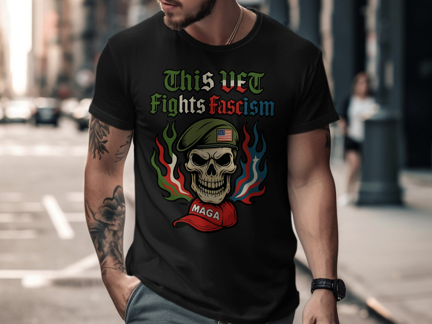 This Vet Fights Fascism Skull Graphic Tee product