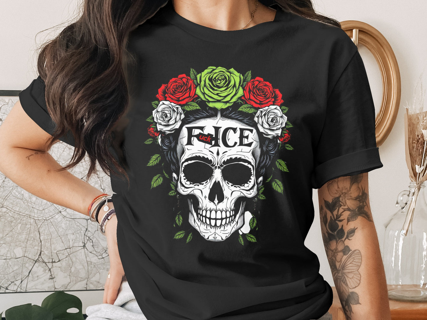 Detailed Skull and Flowers Artwork T Shirt Product