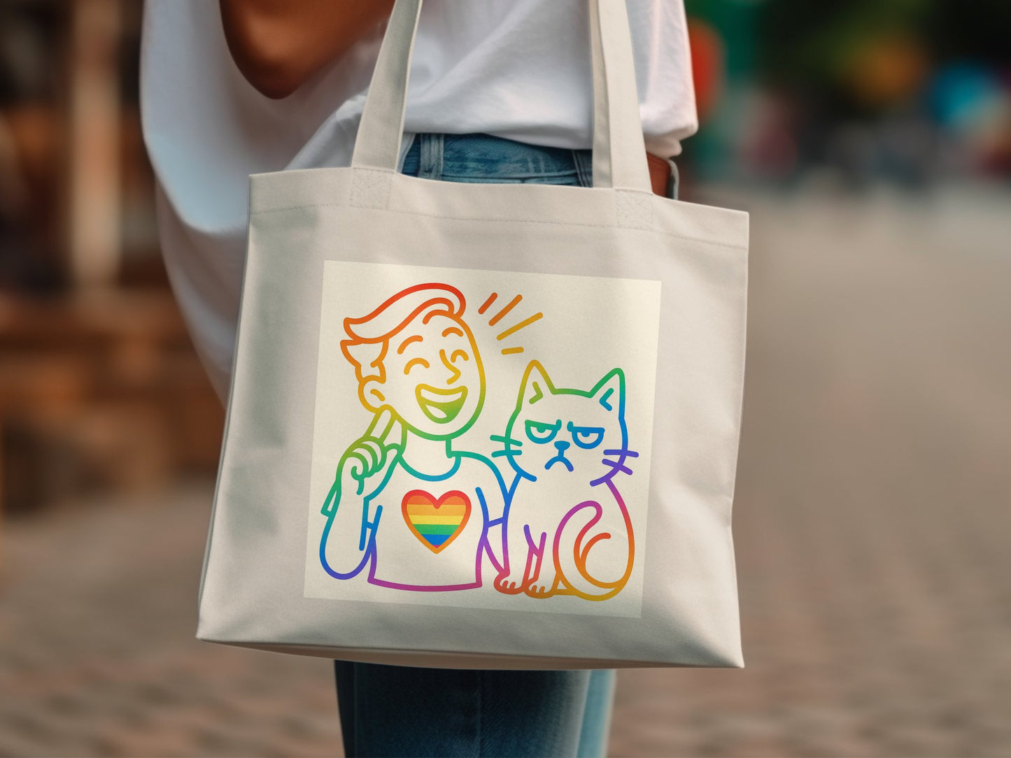 Colorful Cat and Person Design Tote Bag product