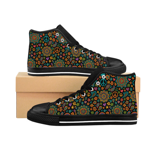 Boho Floral Sneakers | Stylish High-Top Shoes for Women, Peace and Love Design, Festival Footwear, Everyday Comfort, Unique Gift Ideas