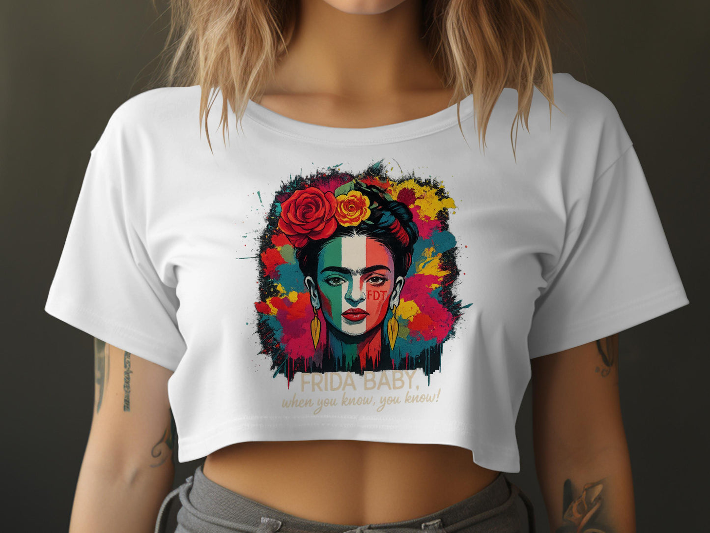 Vibrant Pop Art Frida Kahlo Crop Top Product Type
