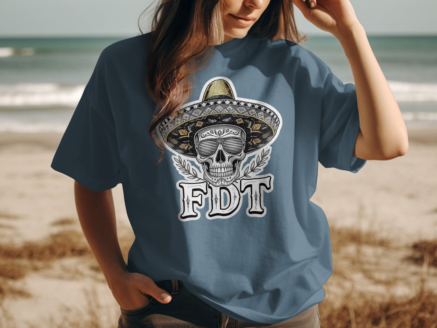 Skull with Hat Graphic Design Blue T-shirt product type