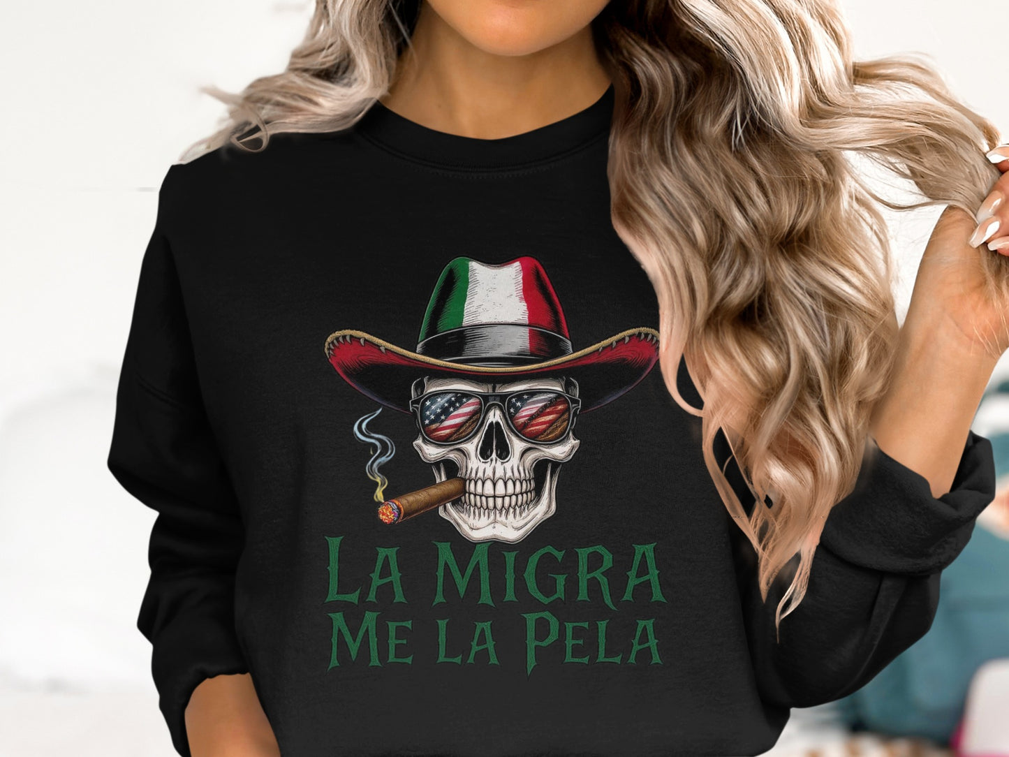 La Migra Me La Pela Cool Skull Smoking Graphic Sweatshirt Product