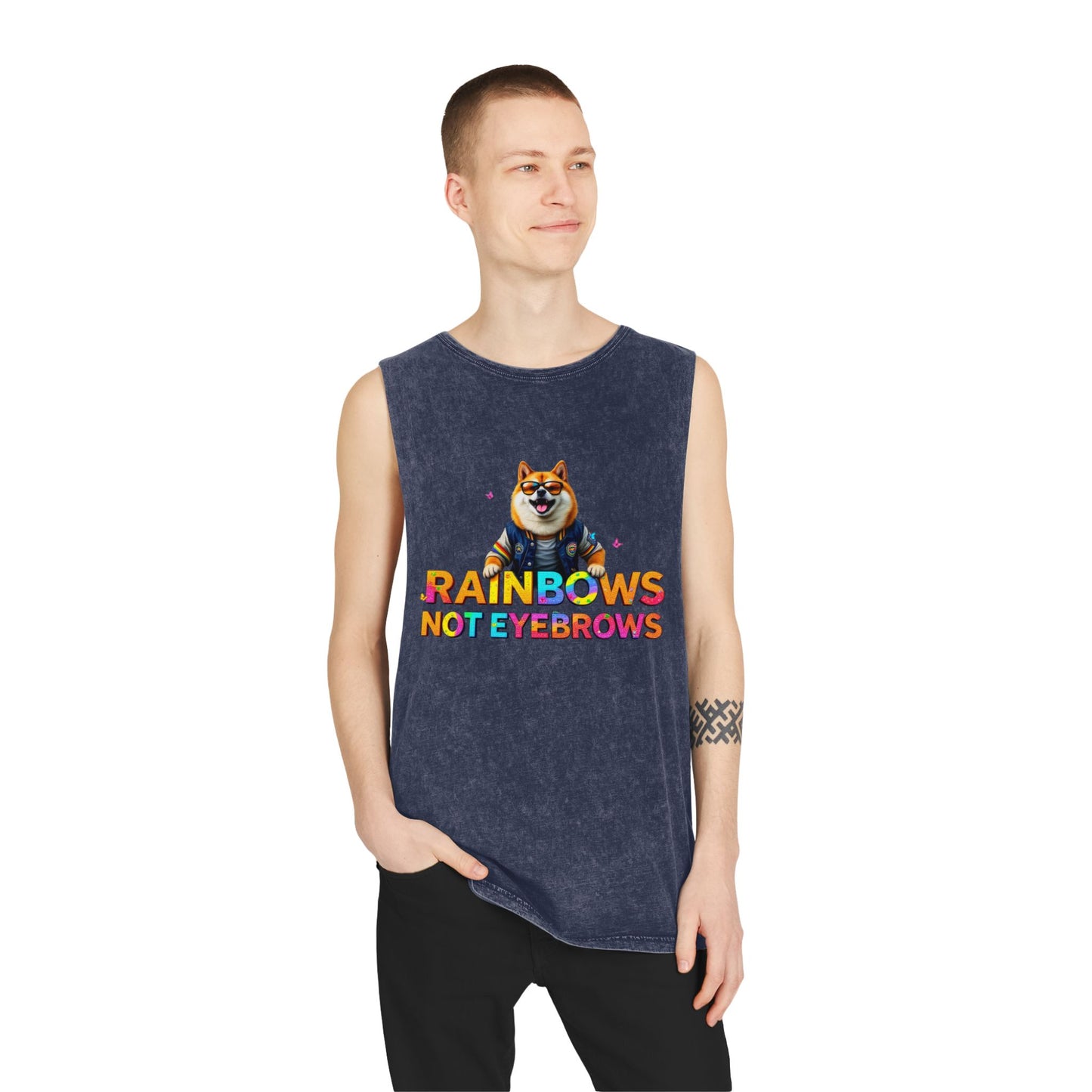 Unisex Stonewash Tank Top - 'Rainbows Not Eyebrows' Graphic Tee
