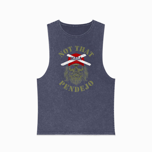 Dark grey sleeveless t-shirt with "Not That MAGA Pendejo" text and skull graphic.