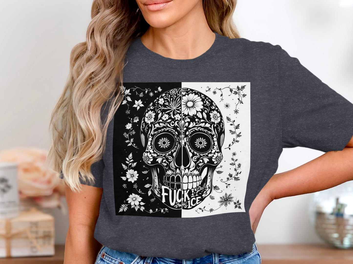 Floral Skull Graphic Dark Grey T-shirt product