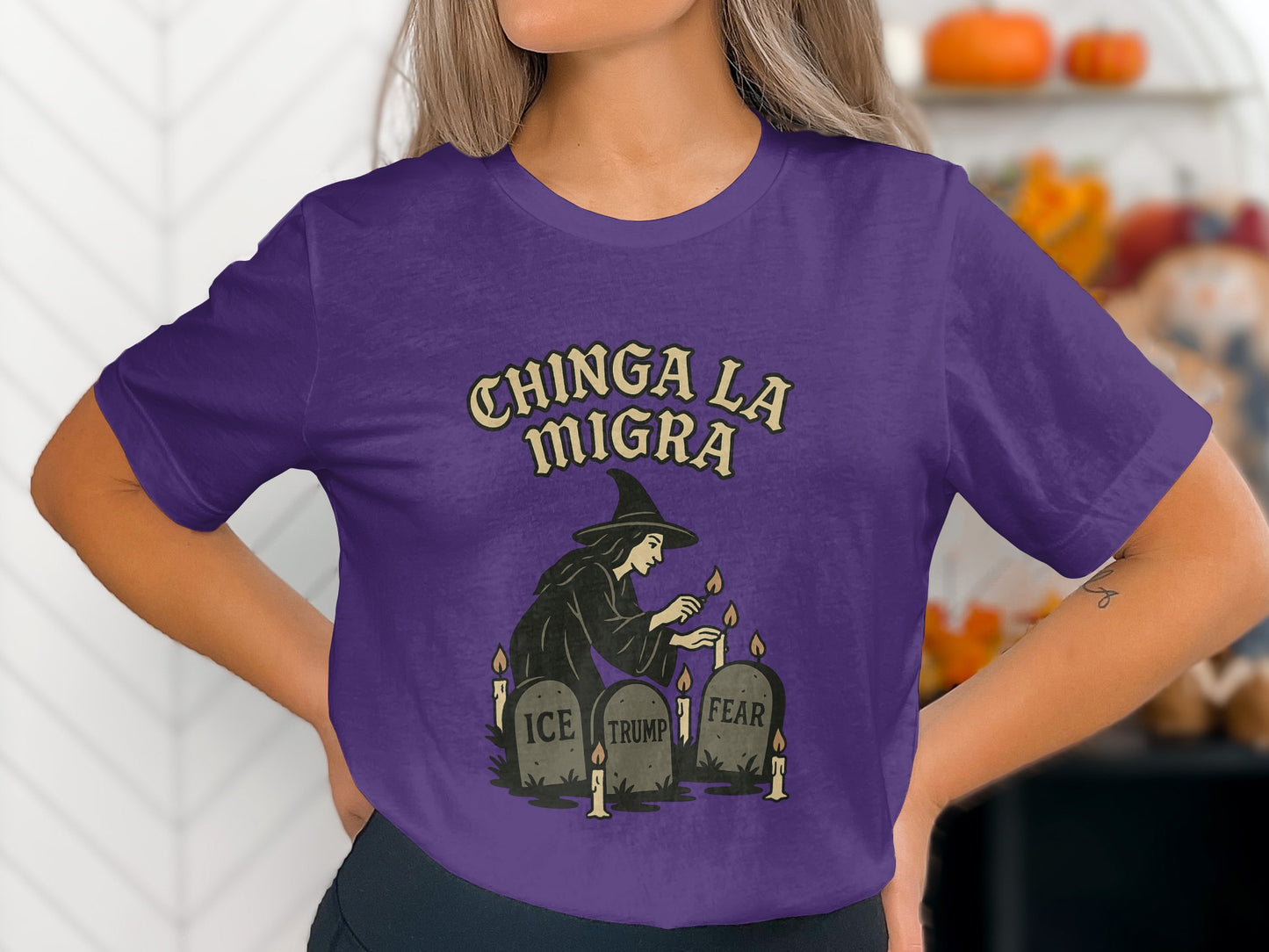 Purple Chinga La Migra Witch Design T-Shirt product