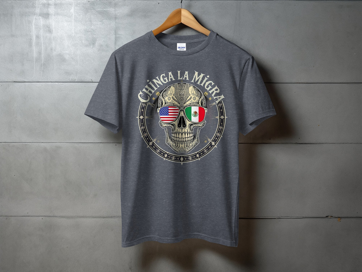 Chinga La Migra Skull with Flags T-Shirt product type