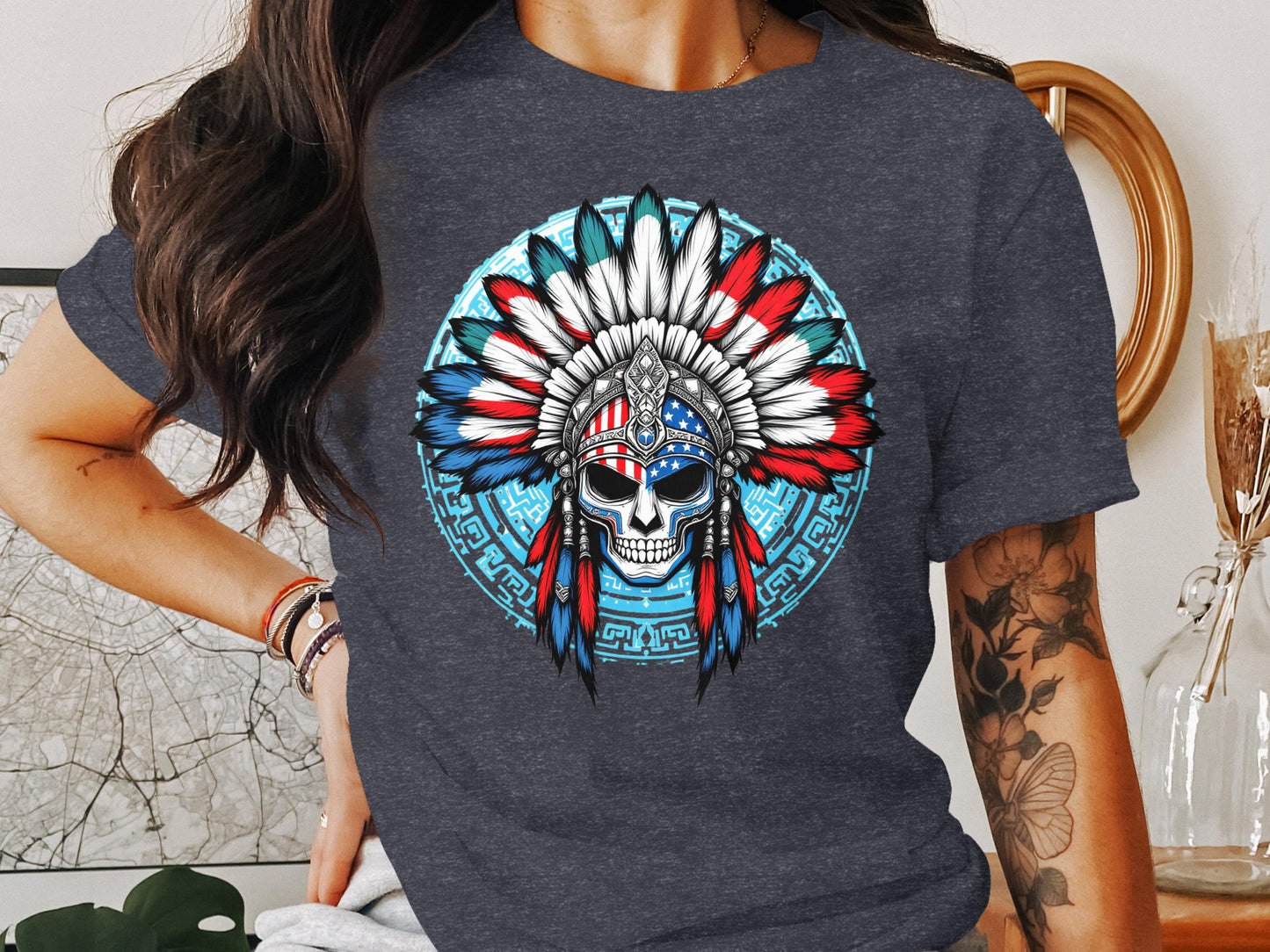 Colorful Skull with Feather Headdress Design T-Shirt product type