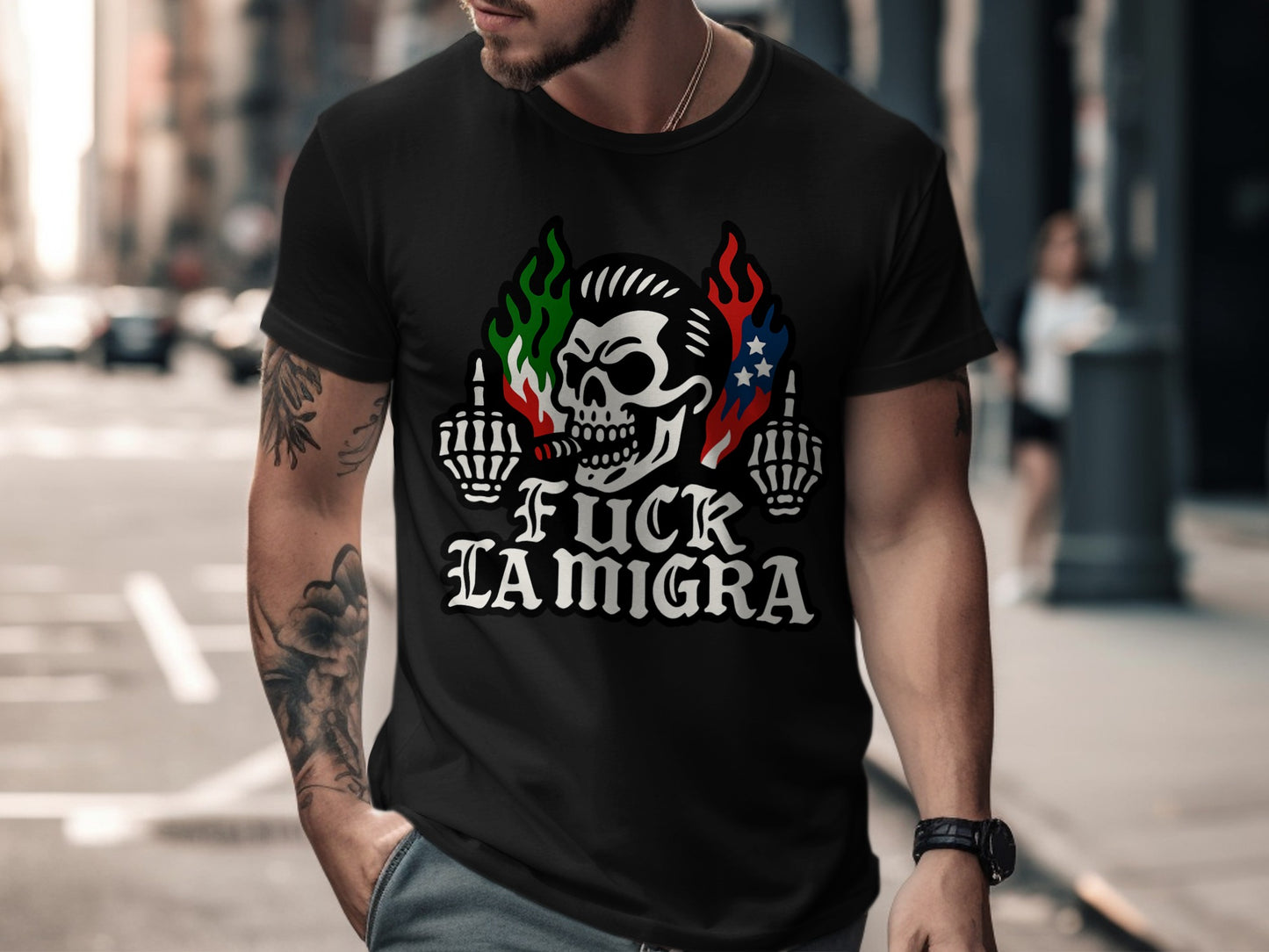 Edgy Skull Fuck La Migra Statement Shirt product