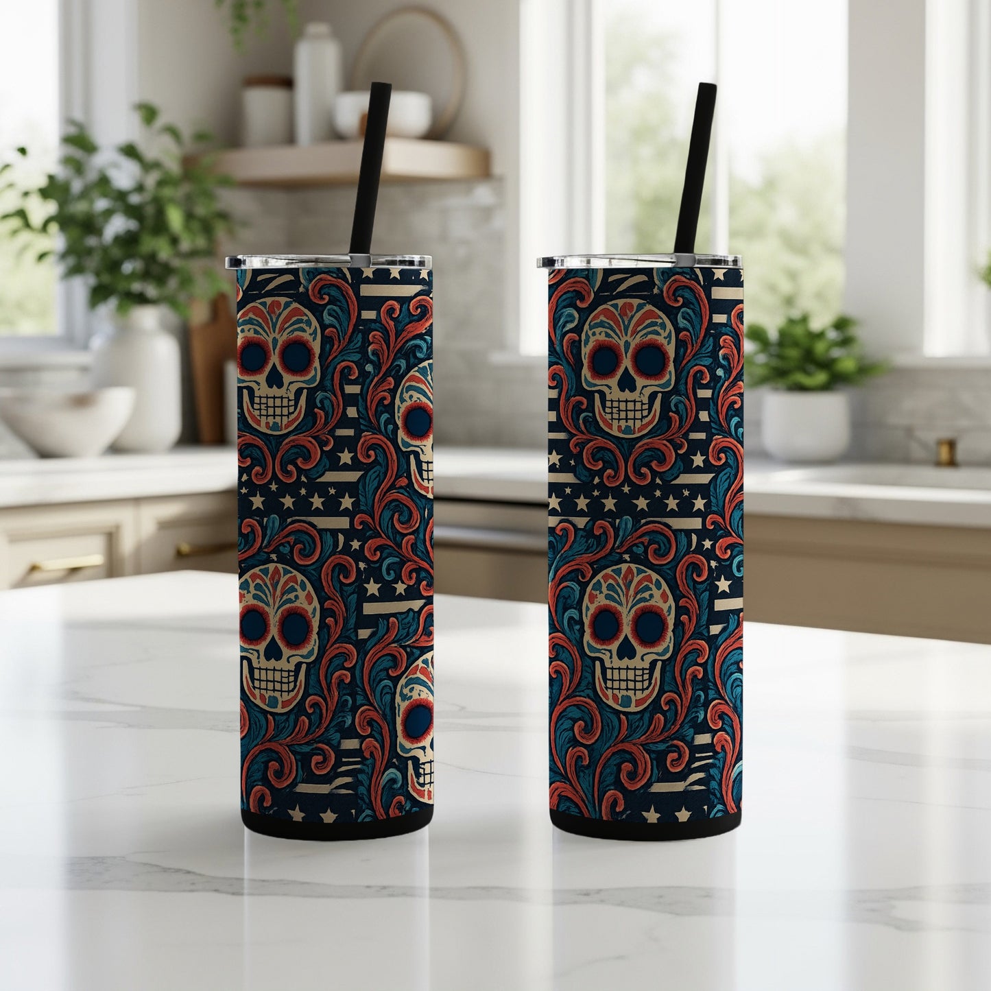Skull Patterned Tumbler with Straw Stylish Drinkware product