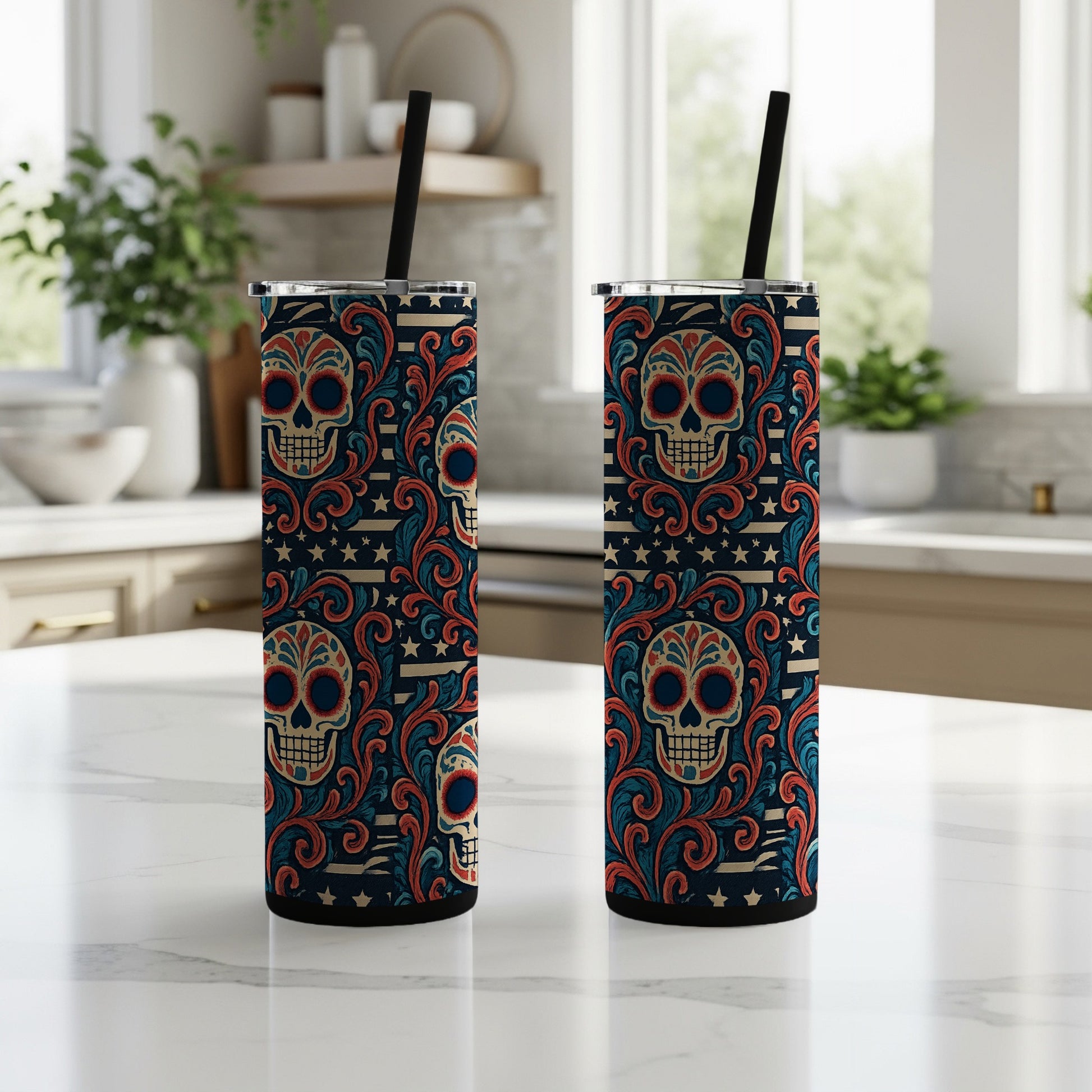 Skull Patterned Tumbler with Straw Stylish Drinkware product