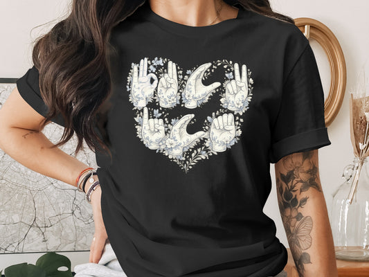 Floral Sign Language Heart Design Short Sleeve Shirt