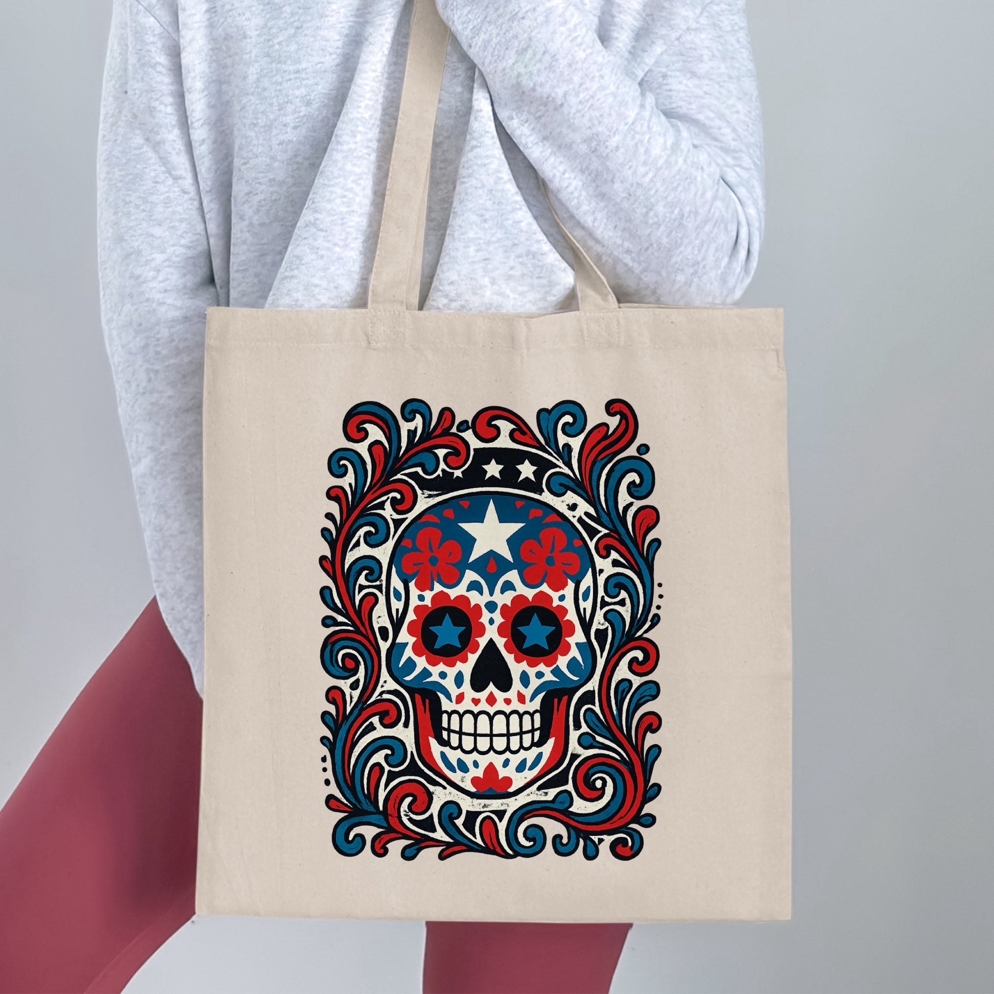 Intricate Patriotic Skull Design Reusable Tote Bag product