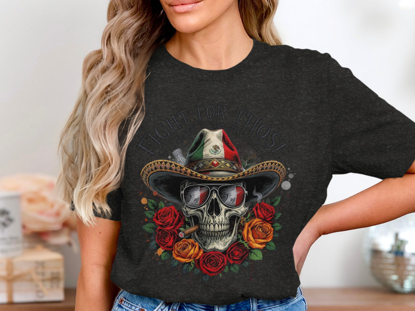 Skull Wearing Cowboy Hat with Roses Shirt product type