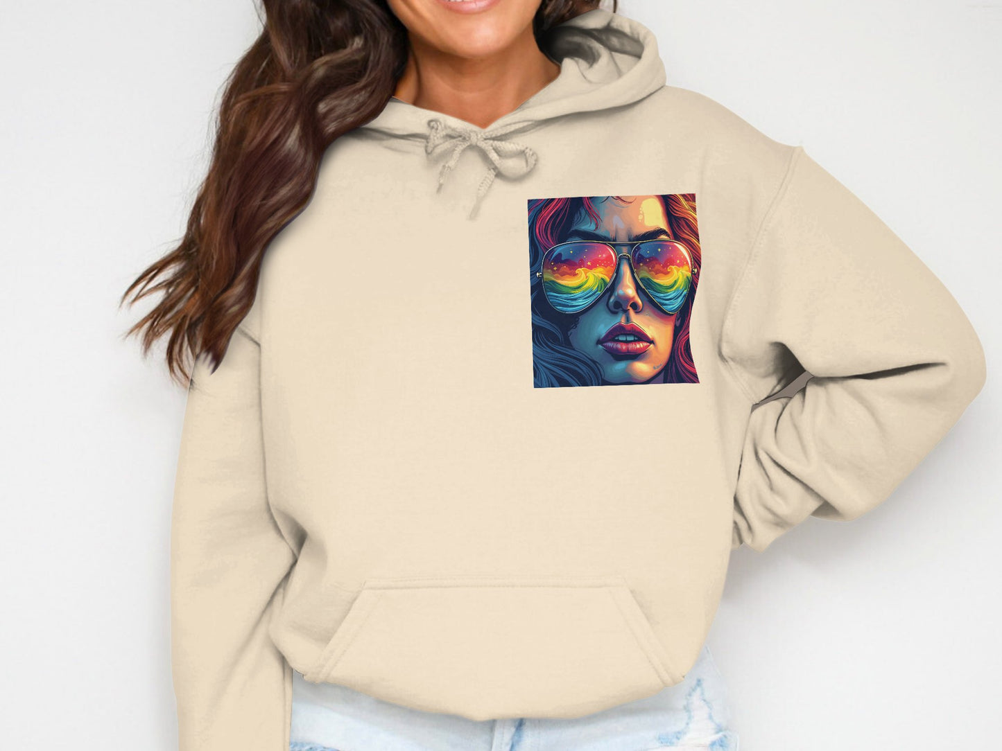 Vibrant Sunglasses Design on Beige Hoodie product