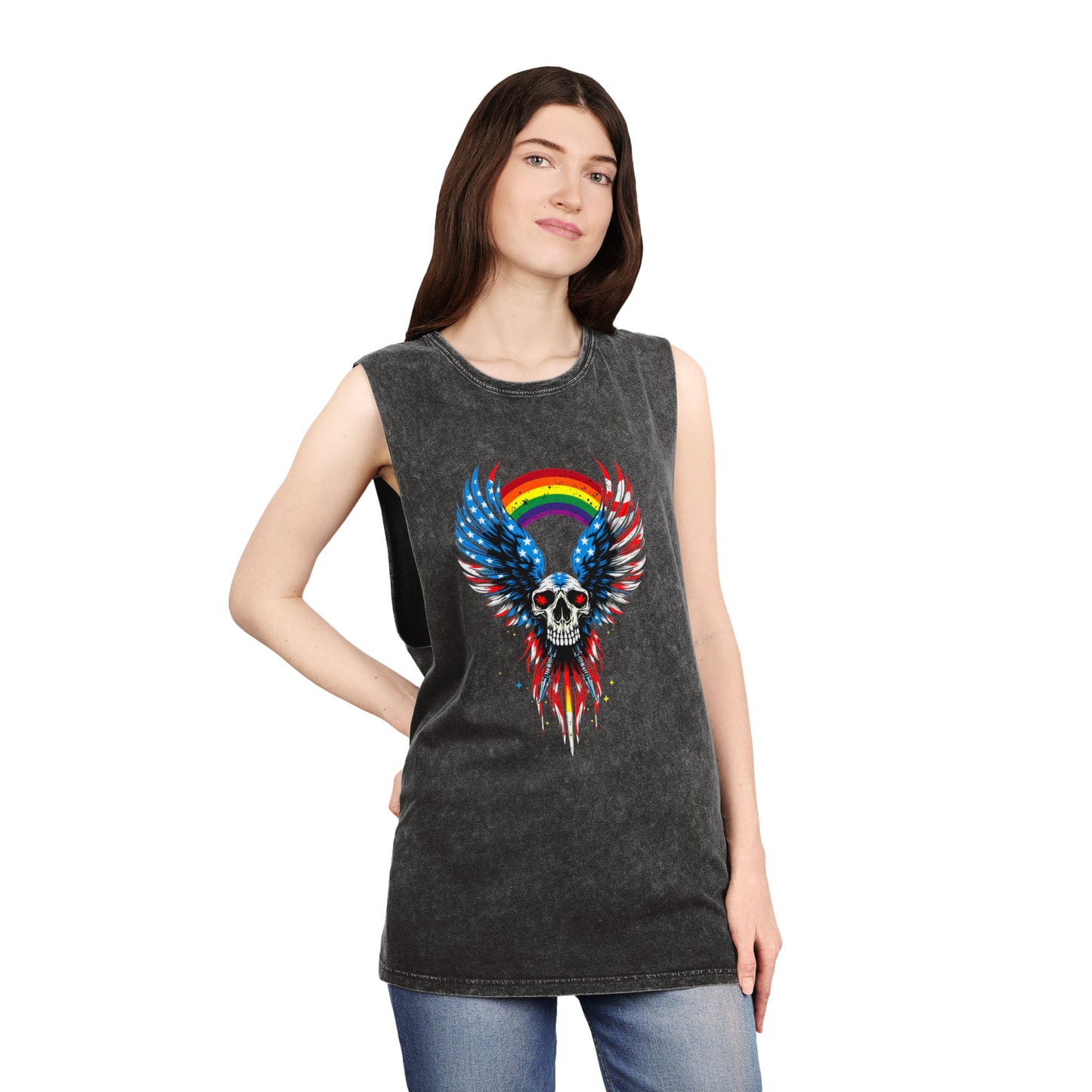 Pride Tank Top Unisex Skull & Wings Stonewash Tank Top | Grunge Style, Summer Essential, Music Festival, Casual Wear, Gift for Him/Her