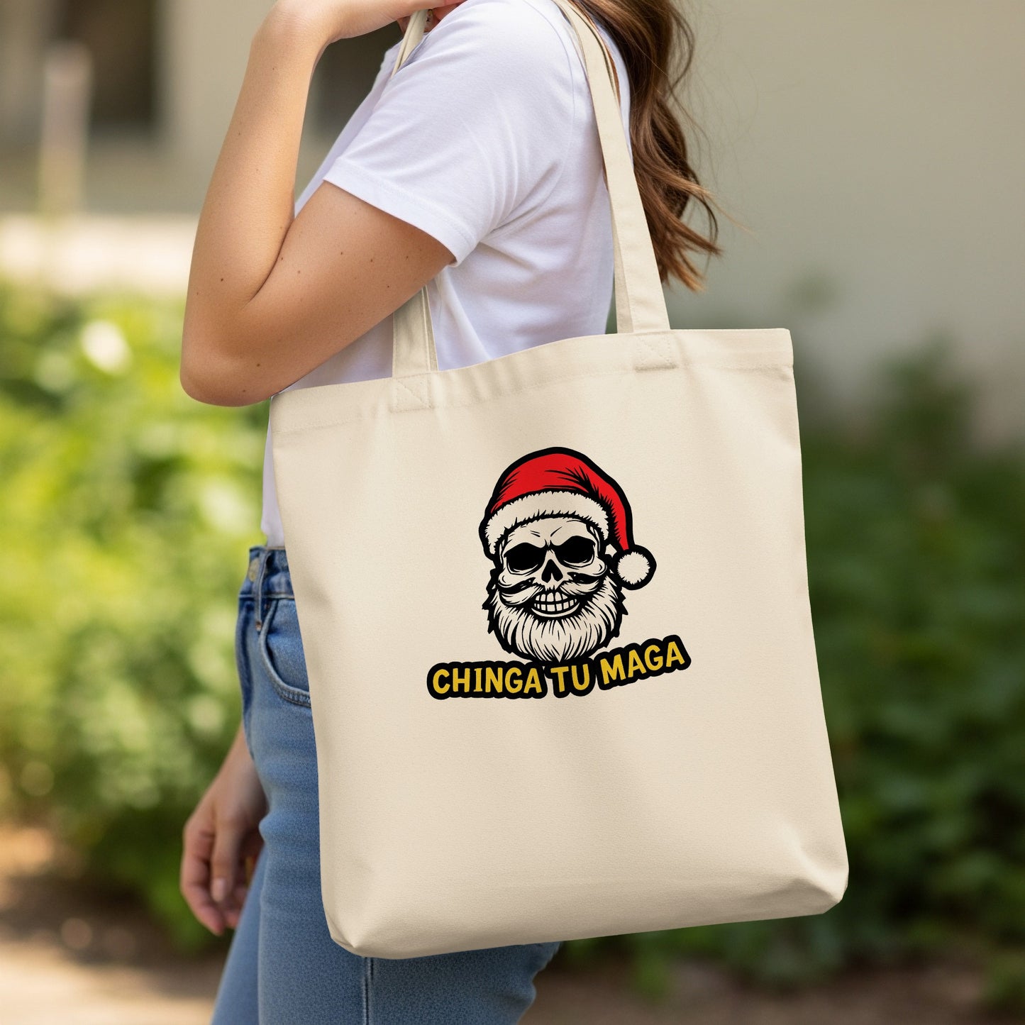 Festive Skull Design Tote Bag for Holiday Shopping