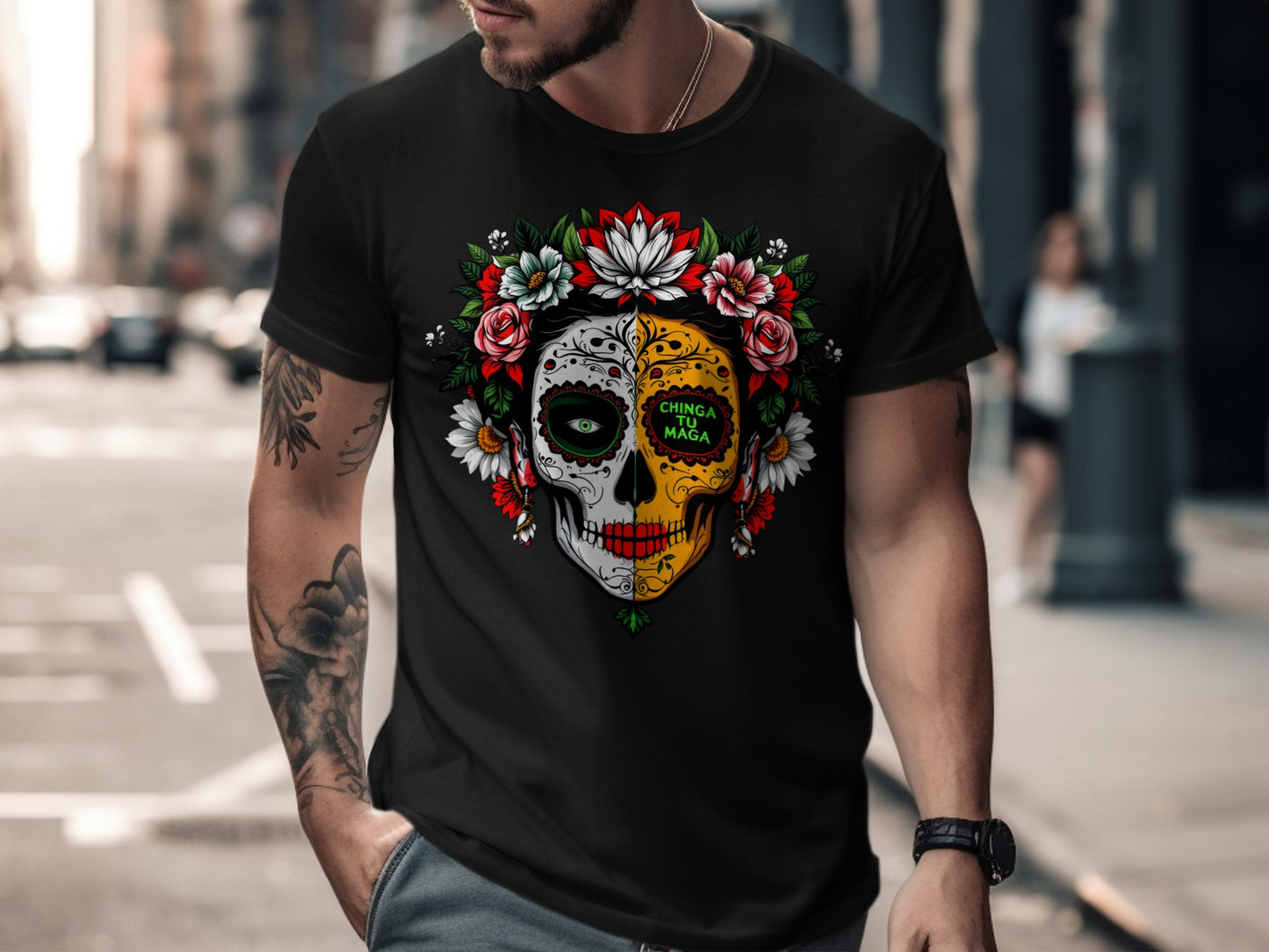 Vibrant Sugar Skull and Flowers Design T-Shirt product type