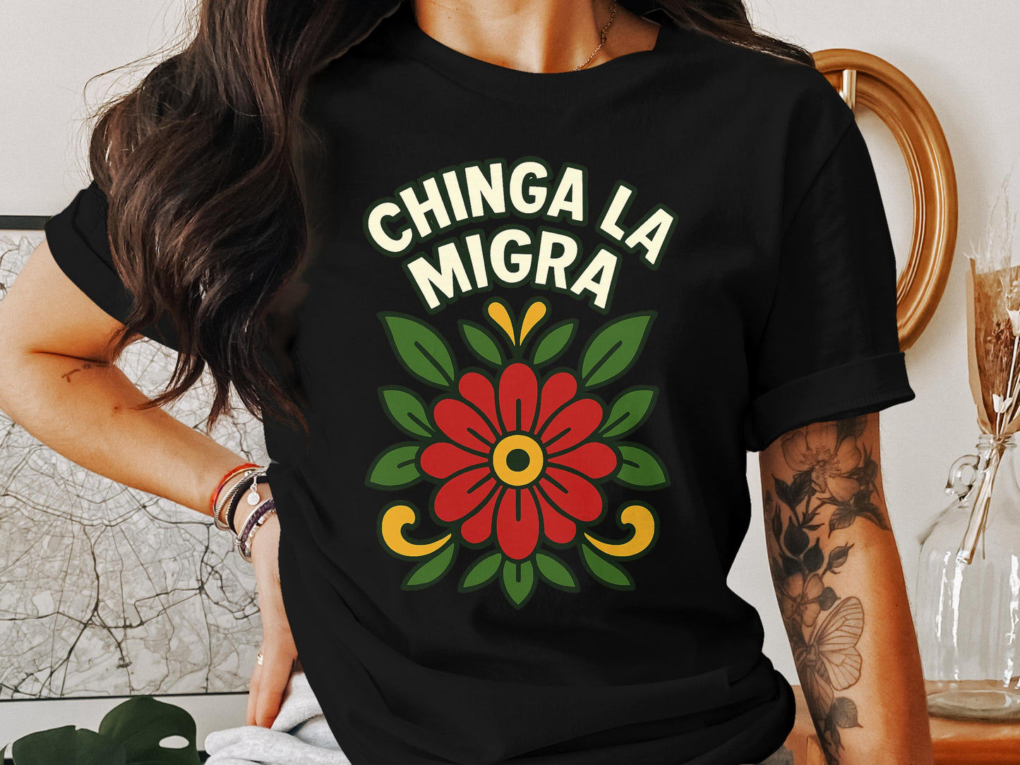 Chinga La Migra Floral Design Graphic Tee product type