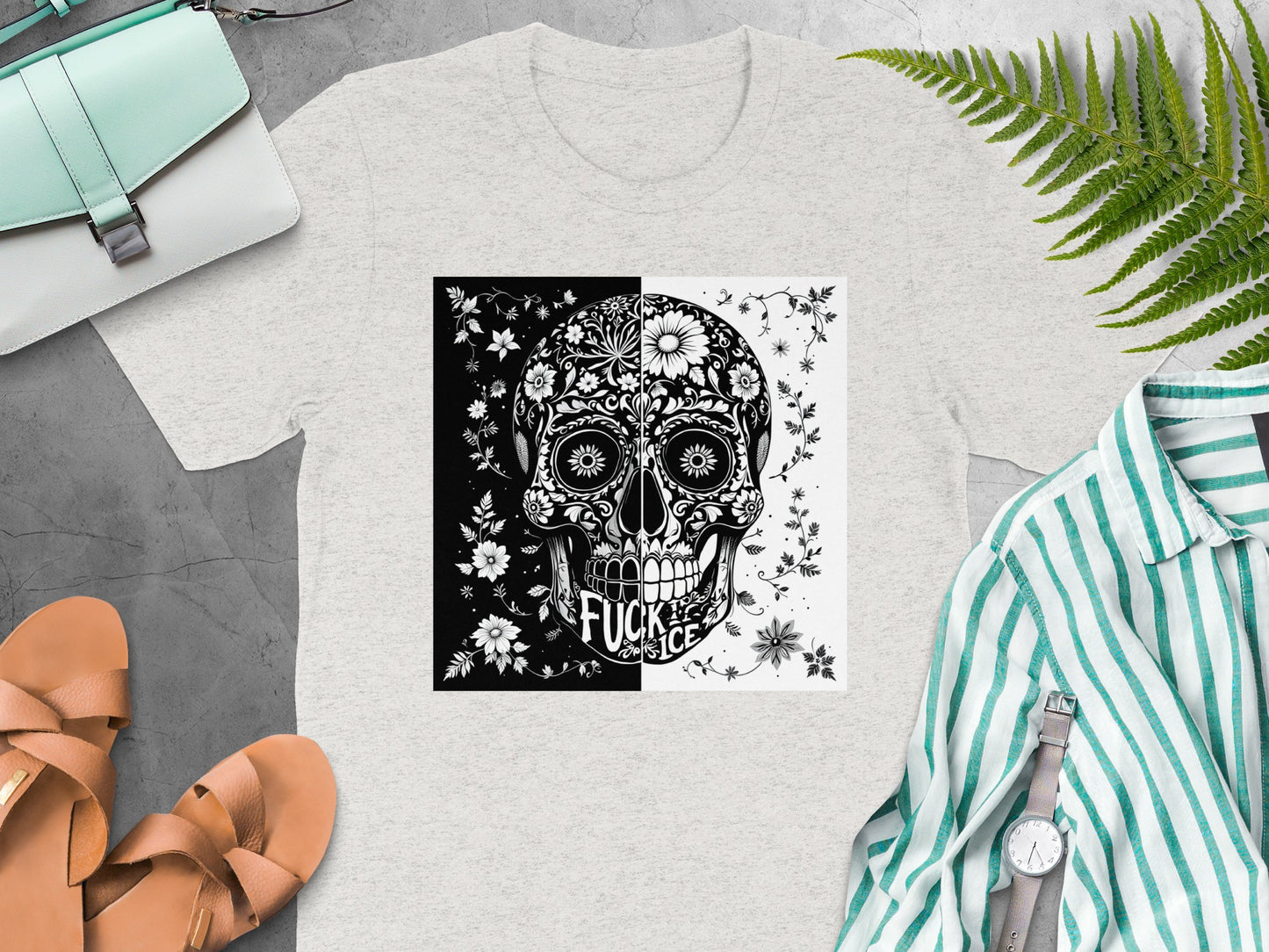 Floral Skull Split Design Graphic T-Shirt product type