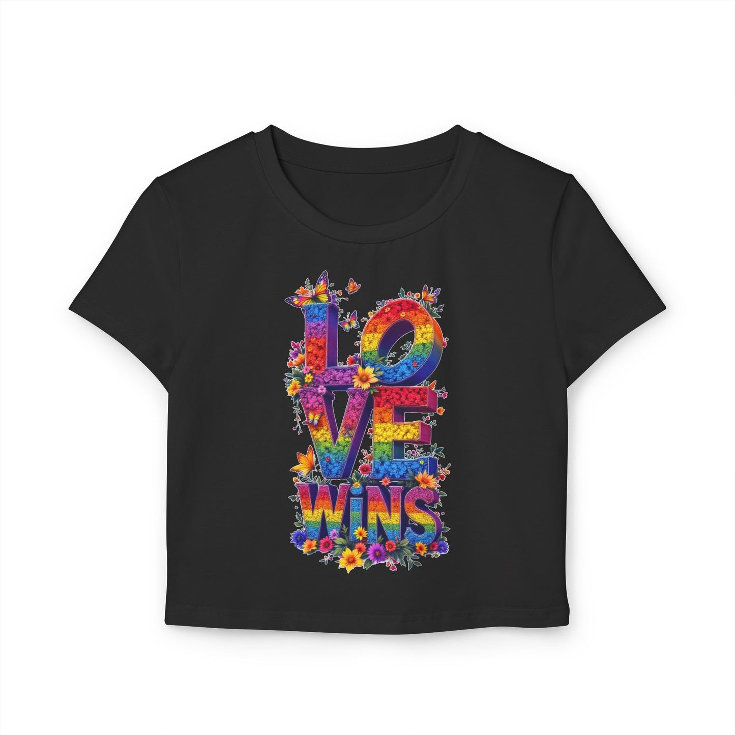 Colorful Love Wins Baby Tee for Women - Floral Design Celebrating Pride