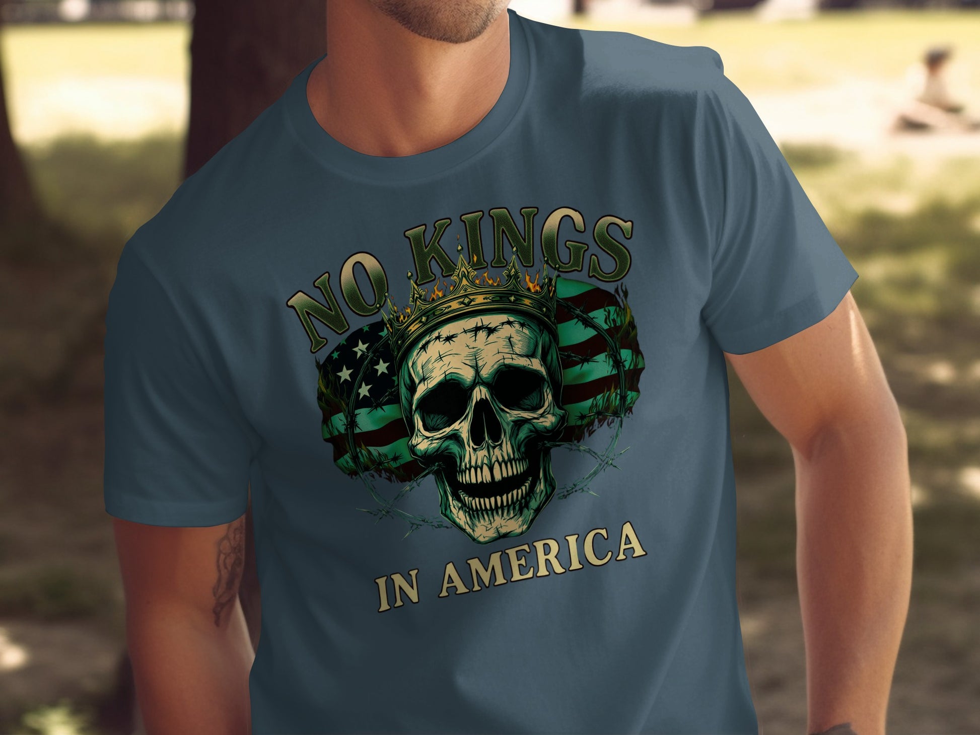 NO KINGS IN AMERICA skull flag t-shirt
