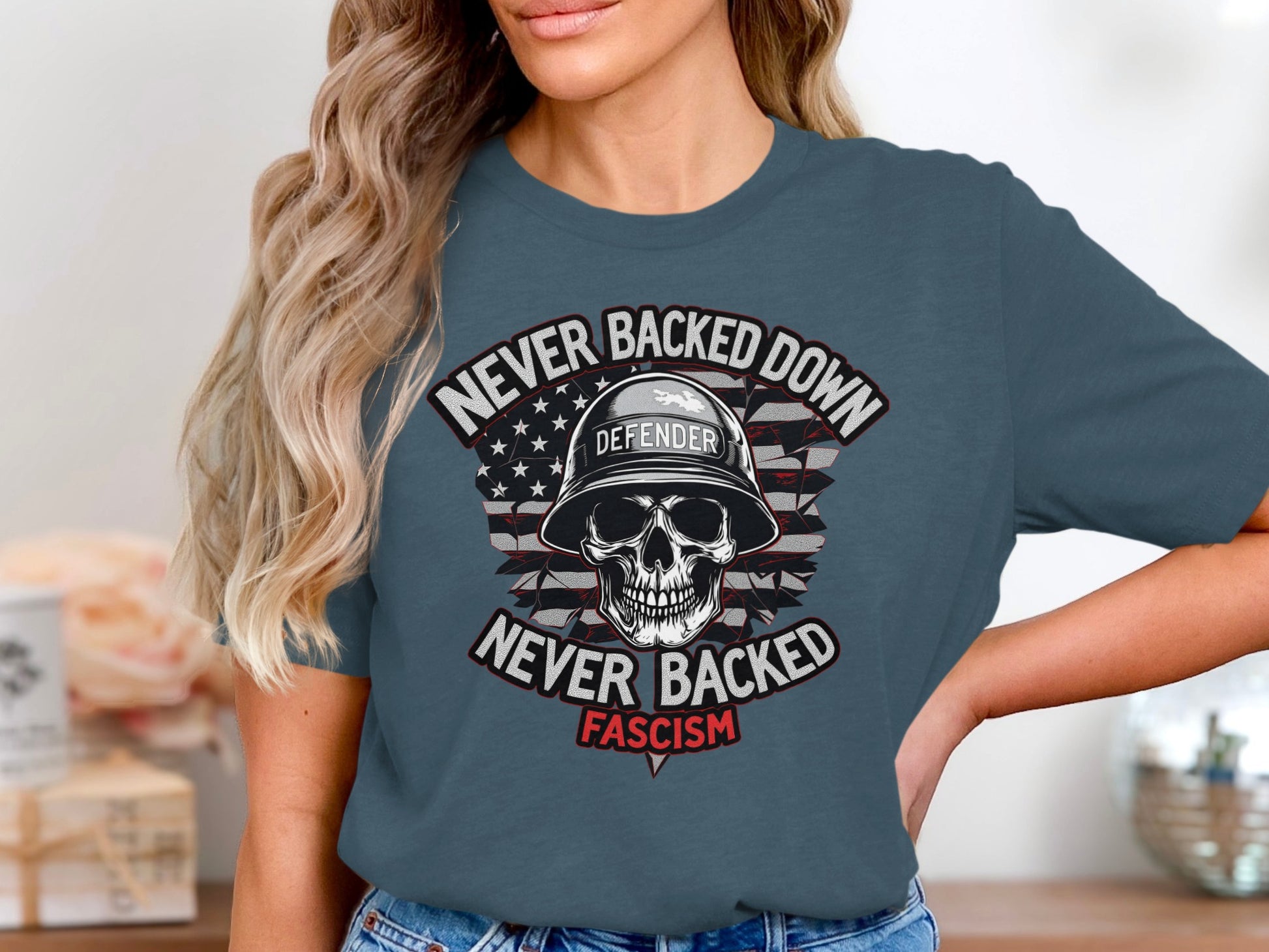 Never Backed Down Fascism Defender Helmet Graphic Tee