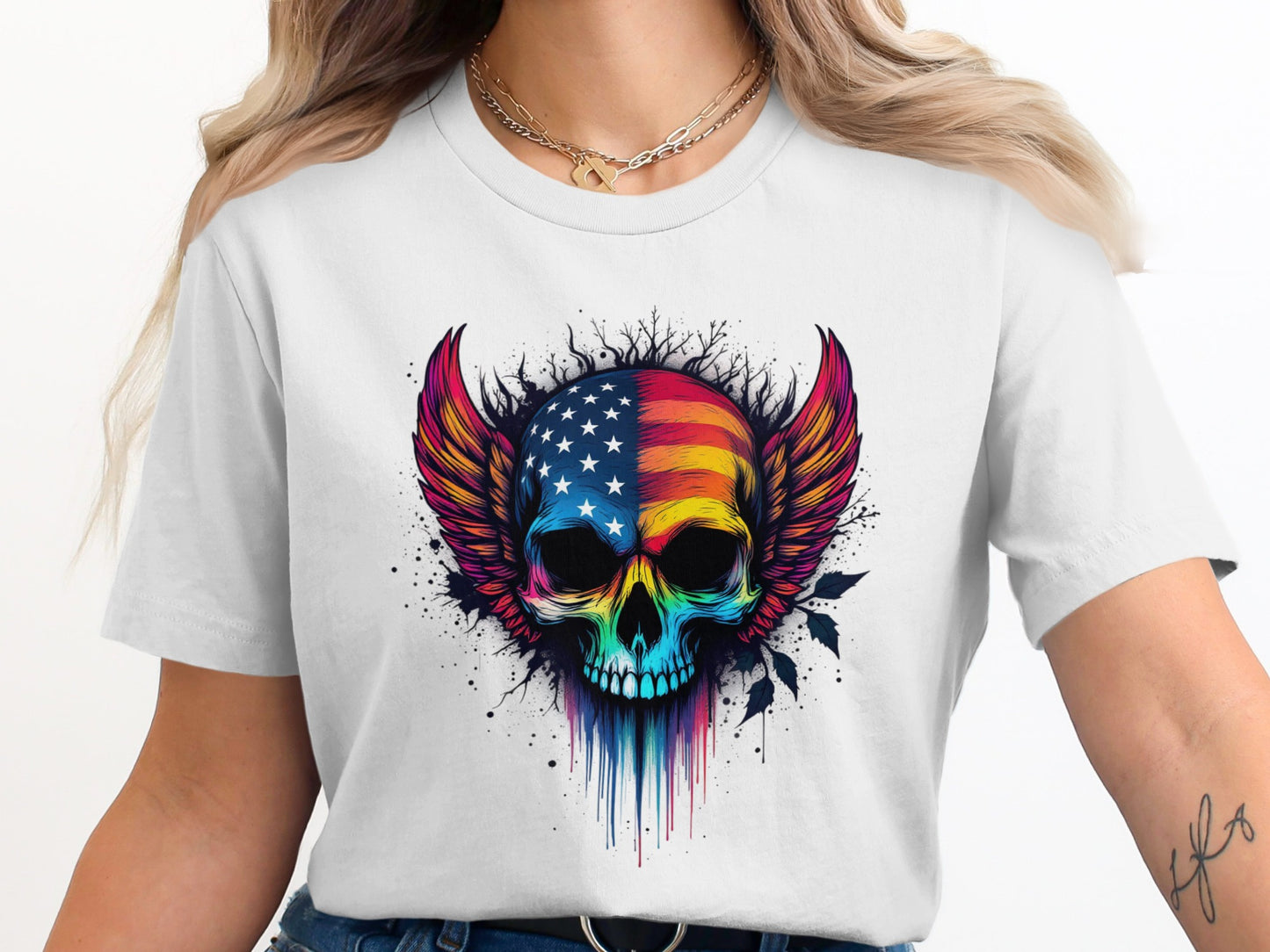 Colorful American Flag Skull Wings Graphic T-shirt product