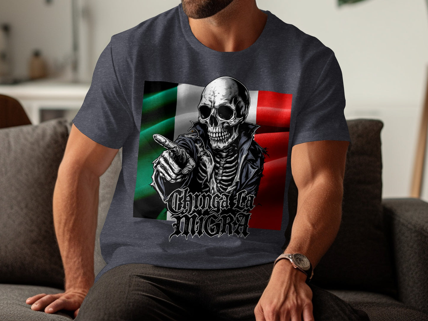 Chinga La Migra Skull with Flag Graphic T-shirt product