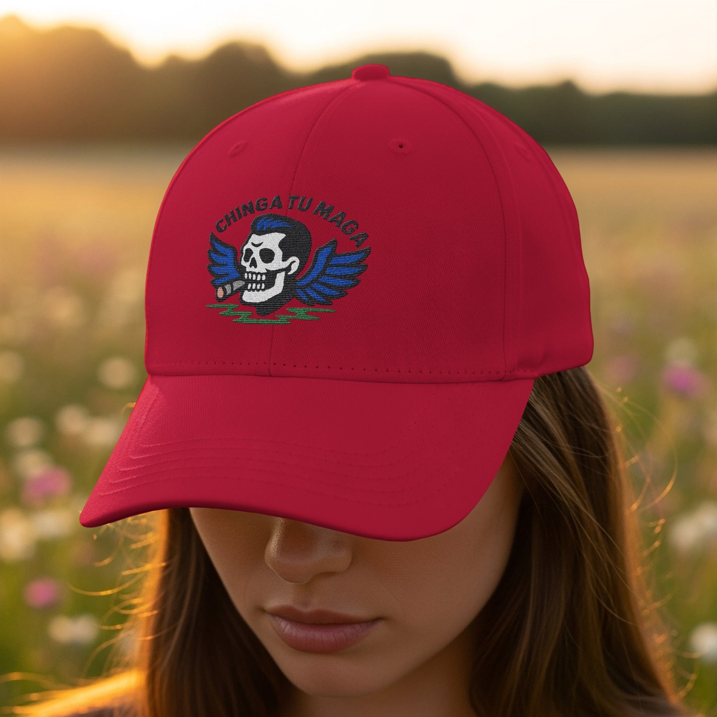 Bold Red Cap with Skull and Wings Embroidery product type