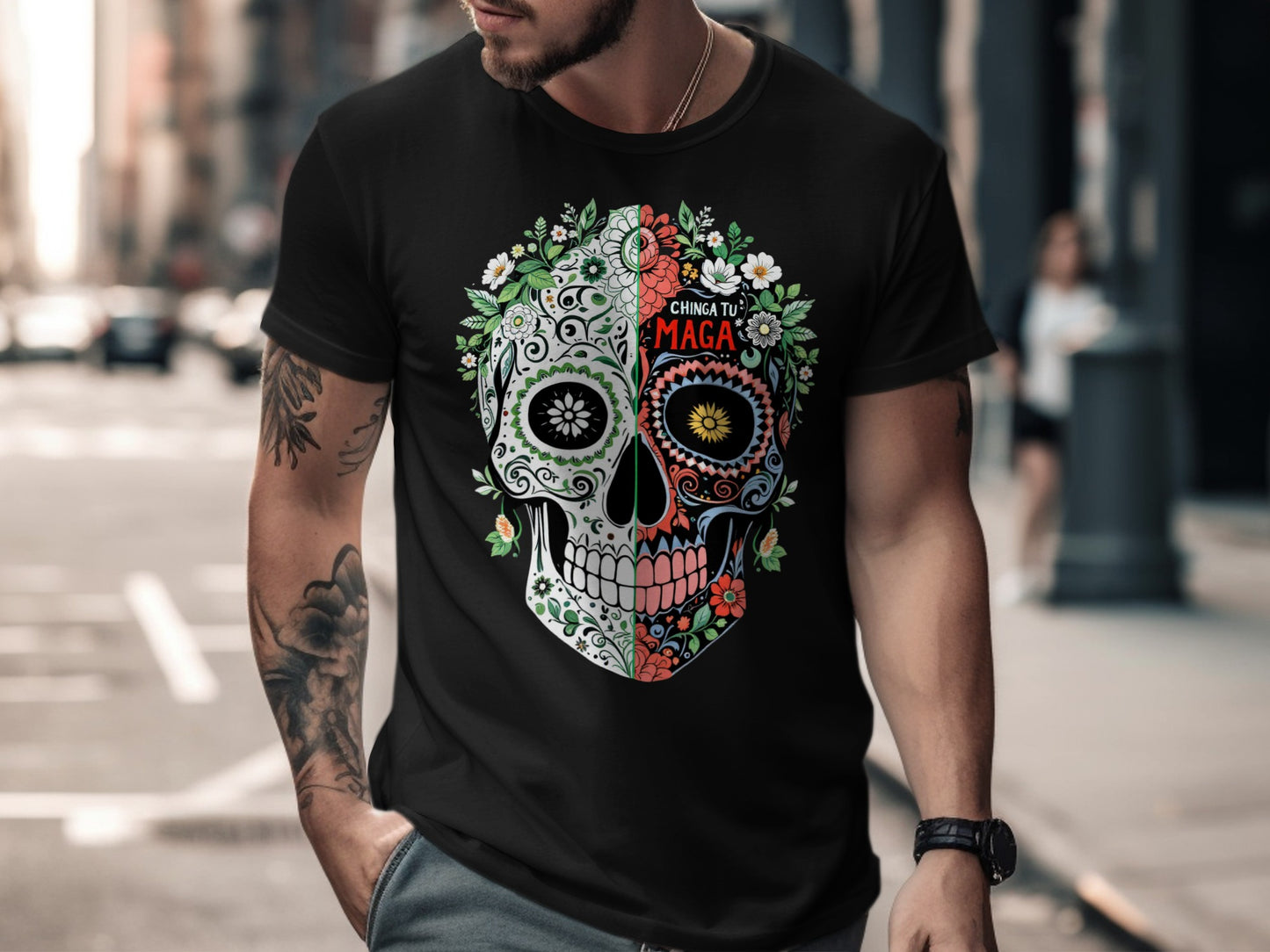 Vibrant Decorative Skull Design Black Shirt product type