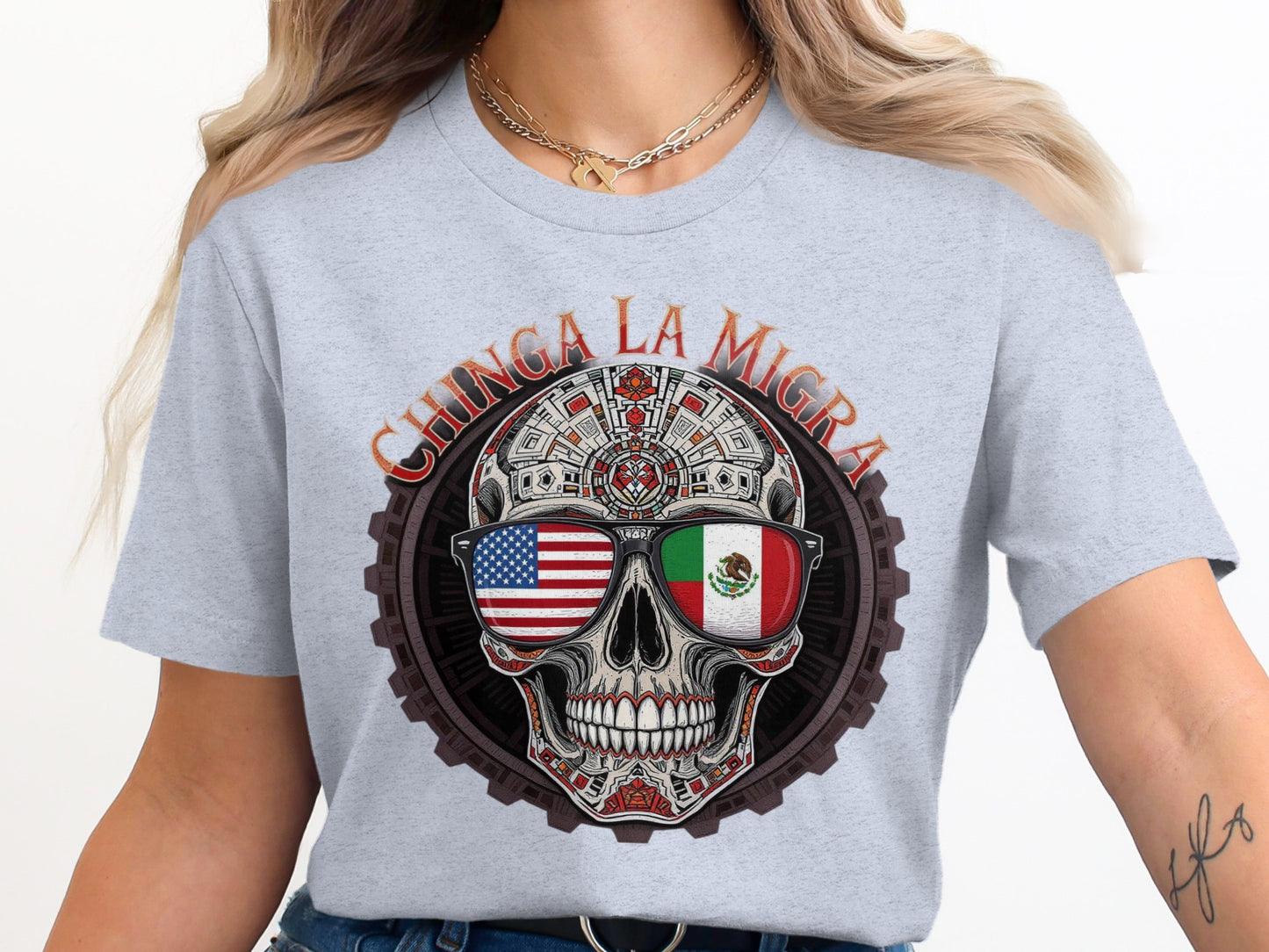 Chinga La Migra Skull with Flags Graphic Tee product