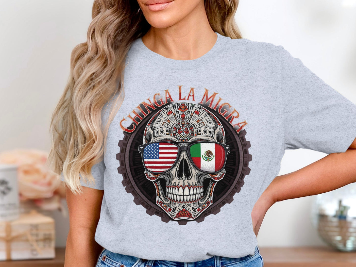 Chinga La Migra Skull Design Flag Graphic T-Shirt product type